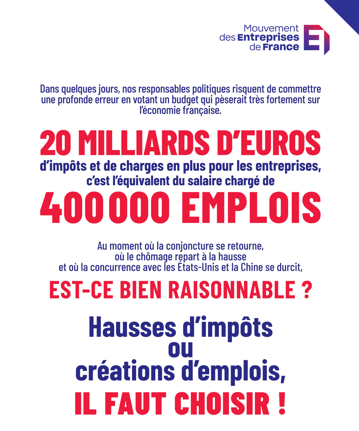 Hausses d’impôts ou créations d’emplois, il faut choisir !